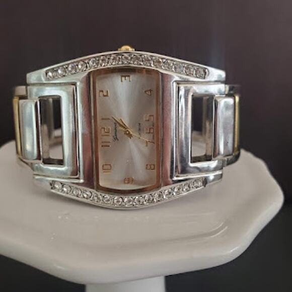 Geneva Women's Bracelet Watch Cuff Silver Tone with Crystals Gold Tone Dressy - Picture 5 of 8